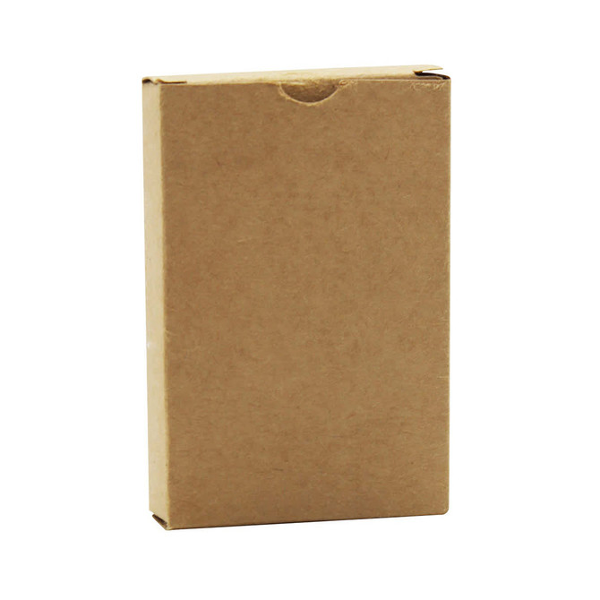 A brown cardboard box containing eco-friendly playing cards, featuring a simple design and a logo.