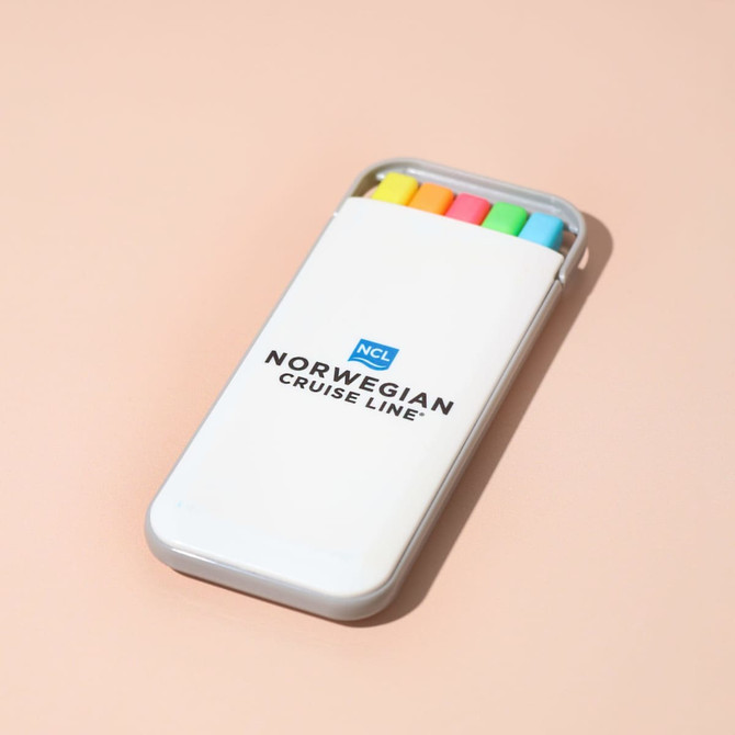 A highlighter set in a white case featuring yellow, orange, pink, and green highlighters, with a logo on the case.