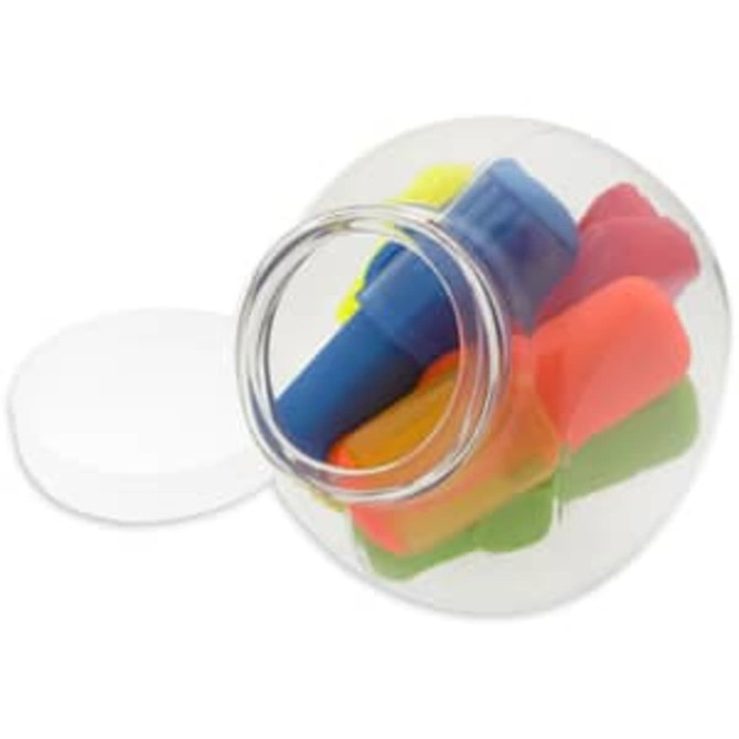 A clear jar filled with vibrant highlighters in blue, pink, orange, green, and yellow, with a white lid.