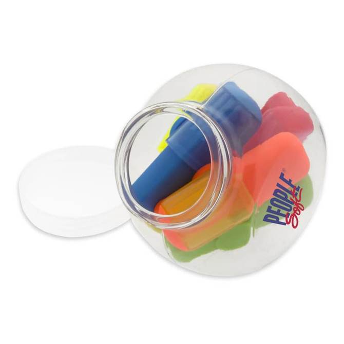 A clear drink bottle filled with various highlighters in vibrant colours: blue, pink, orange, yellow, and green.