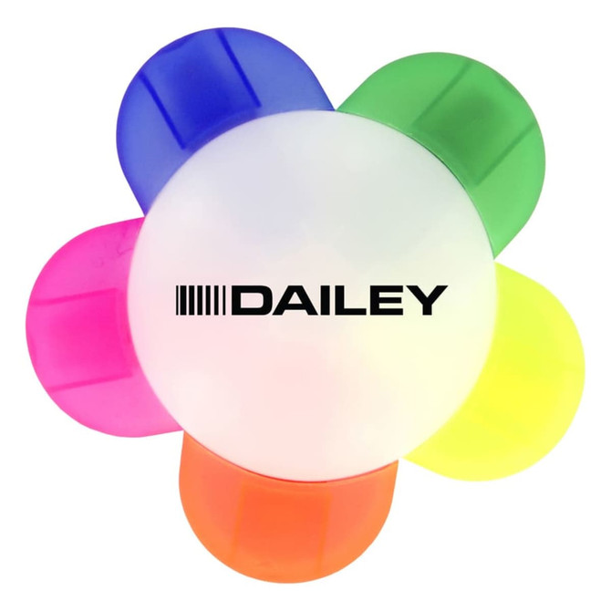 A flower-shaped highlighter with petals in pink, blue, green, orange, and yellow colours, featuring a central white section with a logo.