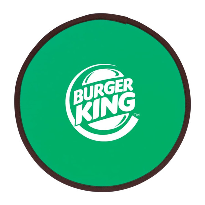 A green fold-up flying disc with a brown edge and a logo in the centre.