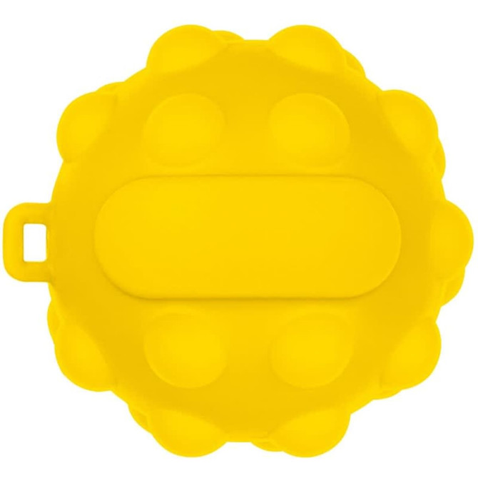 A vibrant yellow Popper Ball stress ball featuring a textured surface and a loop for easy handling.