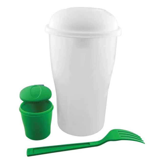 A white salad shaker with a green compartment and fork. It features a lid and has a logo.