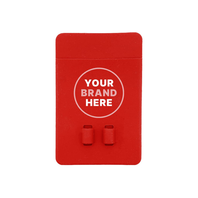 A red silicone phone wallet featuring a logo area and two adhesive strips on the back for attachment.