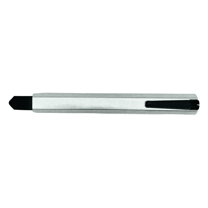 A silver slimline retractable box cutter with a black sliding mechanism and a keyring attachment.