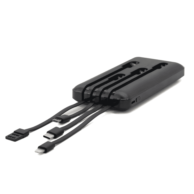 A black power bank with integrated charging cables, featuring USB and USB-C connectors. It has a sleek design.