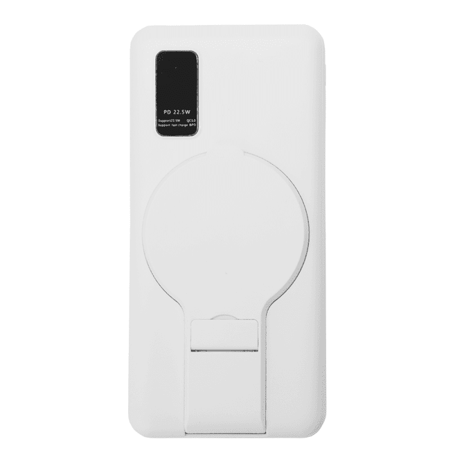 A white power bank with a circular grip on the back, featuring a logo and capacity of 10,000 mAh.