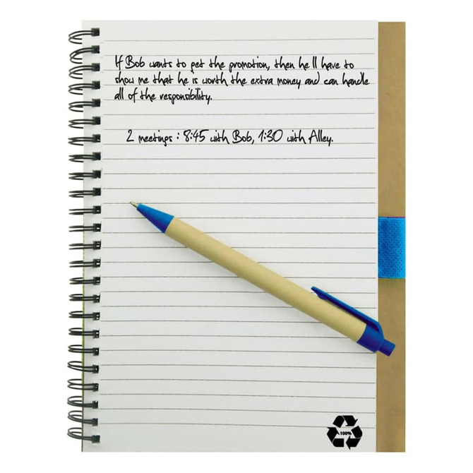 A recycled paper notebook with a brown cover, blue elastic band, and a pen resting on its pages.