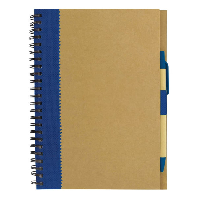 A recycled paper notebook in brown with a blue spiral binding and a blue pen attached.
