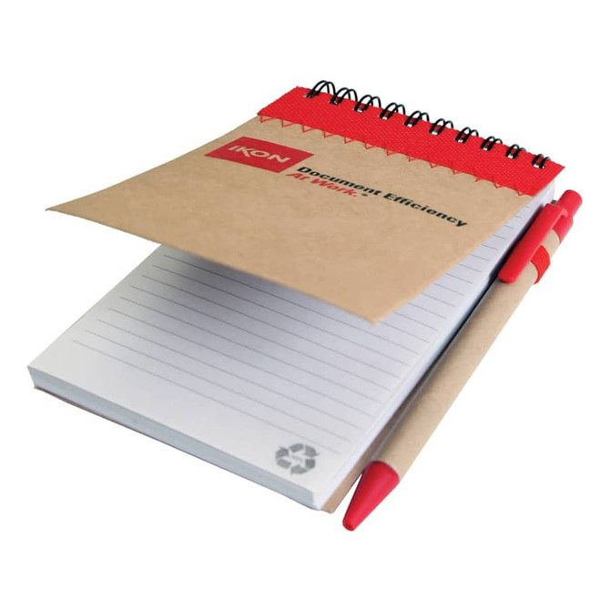 A recycled jotter pad with a kraft cover, spiral binding, and a red pen. It features a logo on the cover.