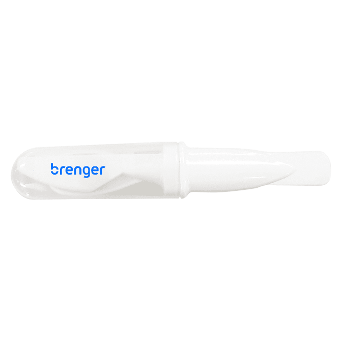 A white promotional product with a transparent cap and a logo. The item appears to be a tool for slicing or spreading.
