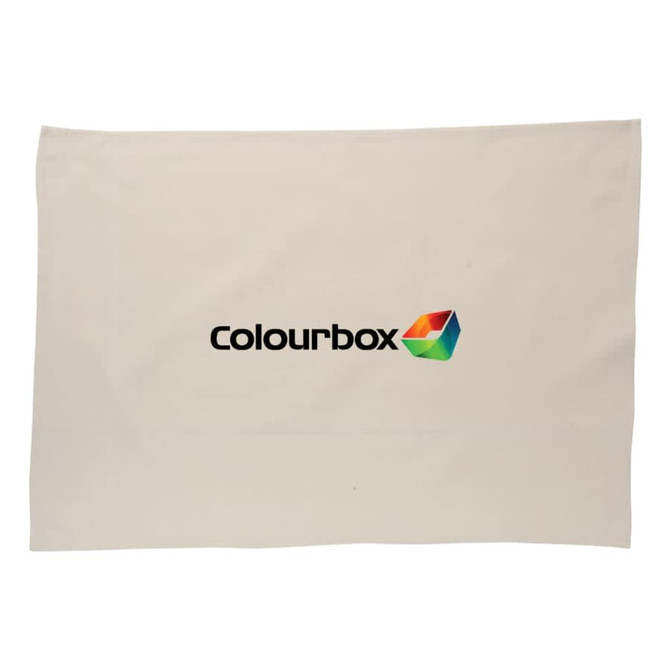A cotton tea towel in cream colour featuring a logo at the centre.