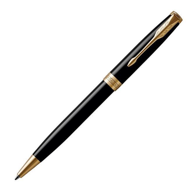 A black ballpoint pen with gold accents, featuring a decorative clip and a brand logo.