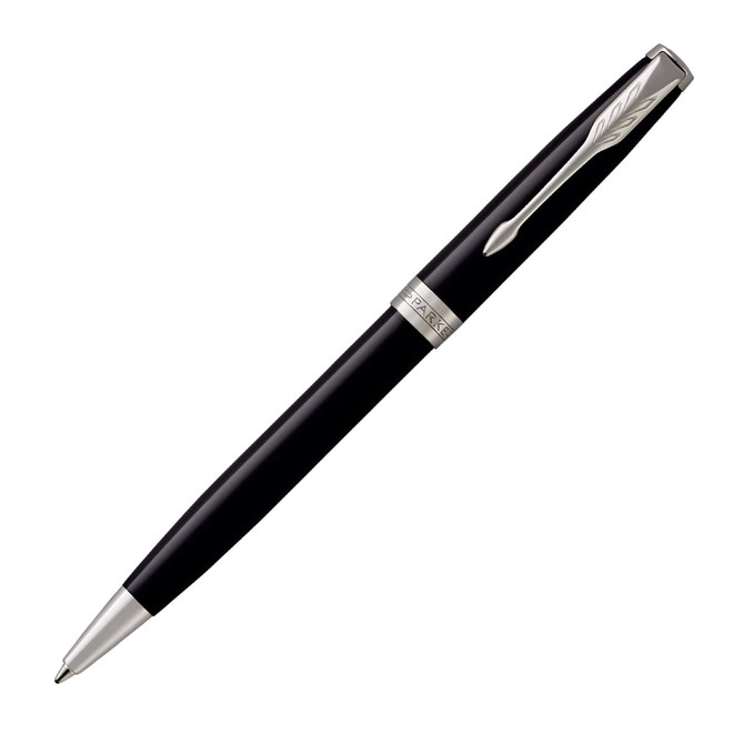 A metal ballpoint pen in black lacquer with a silver clip and detailing. Features a brand logo.