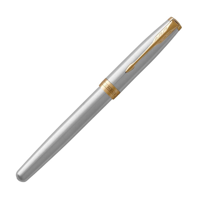 A rollerball pen in brushed stainless steel with gold accents and a branding logo.