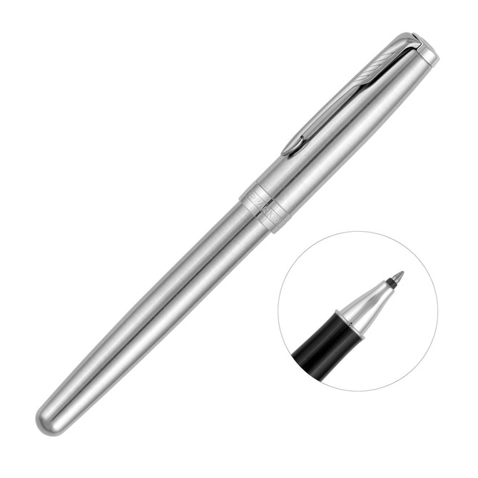 A metal rollerball pen in brushed stainless steel with a sleek design and a black tip. Features a branding logo.