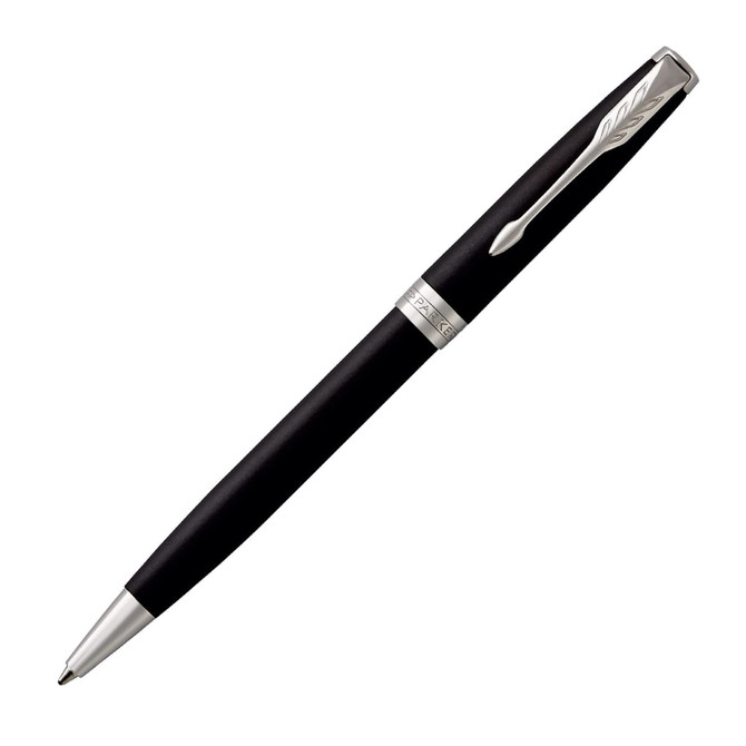A ballpoint pen in matte black with silver accents and a clip, featuring a logo on its body.