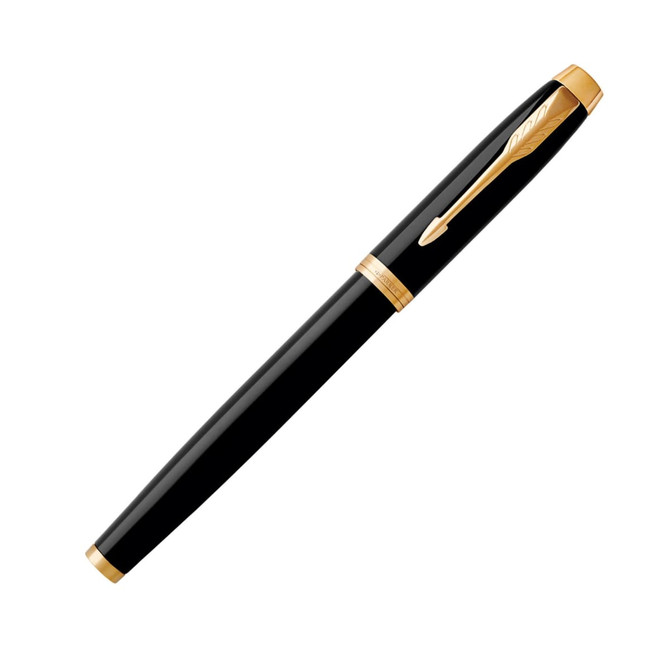 A metal rollerball pen in lacquer black with gold trim and a decorative clip. It features a logo on the body.
