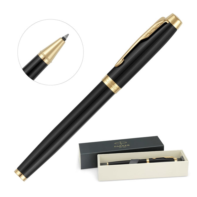 A rollerball pen in lacquer black with gold trim, displayed in a box with a logo.