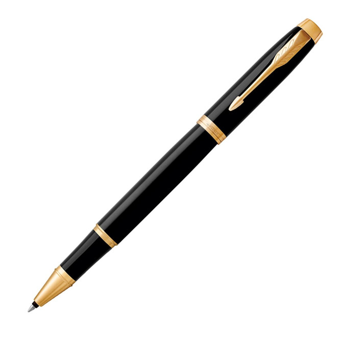 A rollerball pen in lacquer black with gold trim and a decorative clip, featuring a logo.