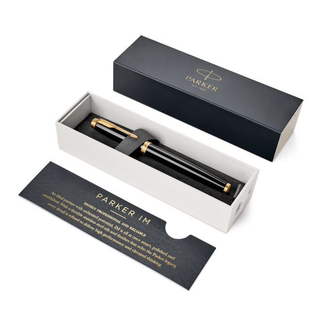 A black lacquer rollerball pen housed in a sleek, branded box with a gold accent.