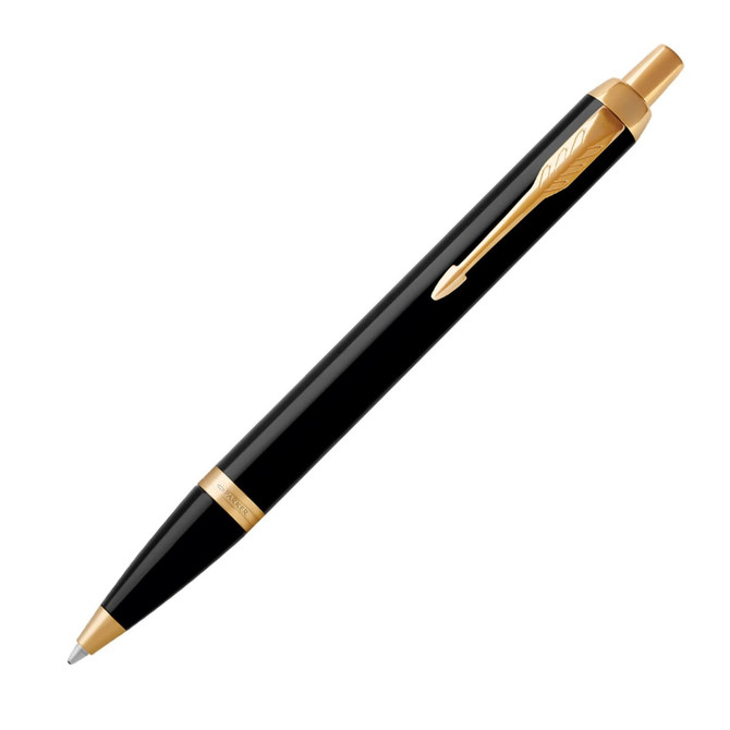 A black ballpoint pen with gold accents, featuring a clip and a sleek design. It includes branding on the pen.