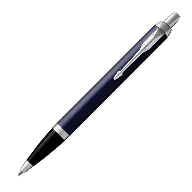A matte blue ballpoint pen with silver accents and a branding logo on the side.