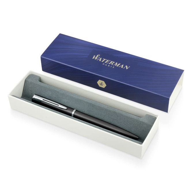 A metal ballpoint pen in black, displayed in a sleek white and blue packaging with a logo.