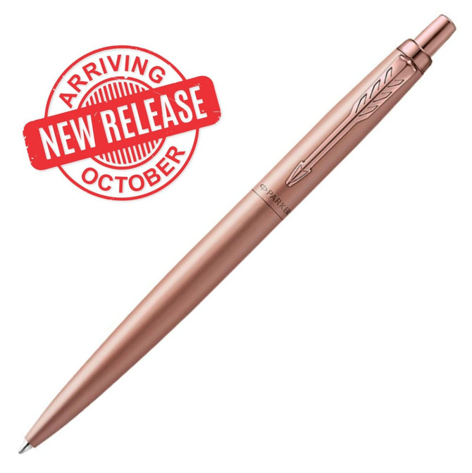 A ballpoint pen in monochrome rose gold with a sleek design and a branding logo.