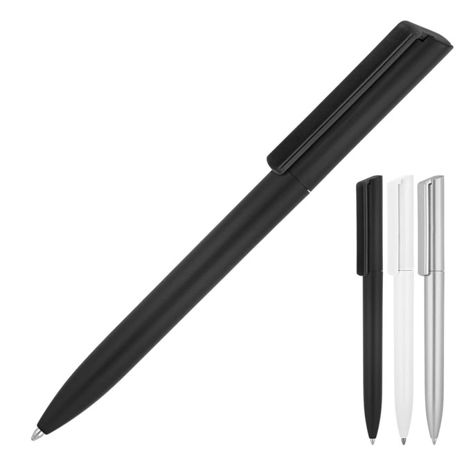 A ballpoint pen in matte black with a minimalist design, alongside white and silver variants. It features a logo.
