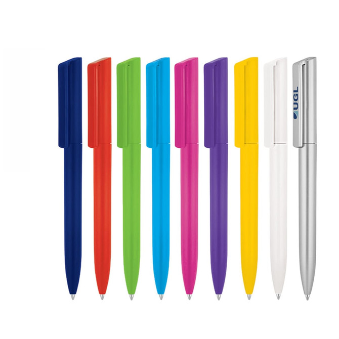A collection of ballpoint pens in red, green, blue, purple, pink, yellow, white, and silver, featuring a logo on the silver pen.