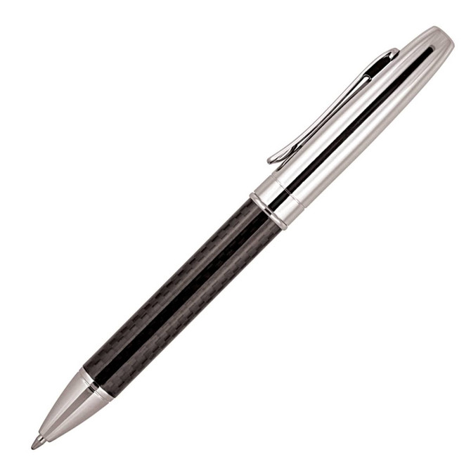 A metal ballpoint pen featuring a carbon fibre barrel and silver accents. It has a sleek, modern design.