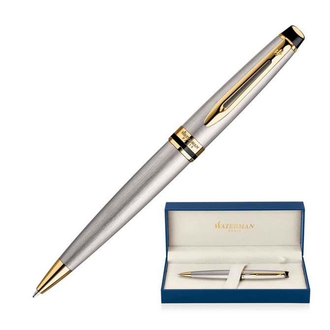 A brushed stainless steel ballpoint pen in a blue presentation box, featuring gold accents.
