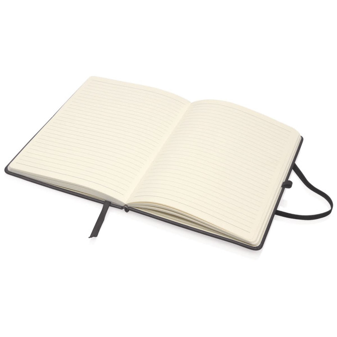 A black A5 executive notebook journal with lined pages and a ribbon bookmark.