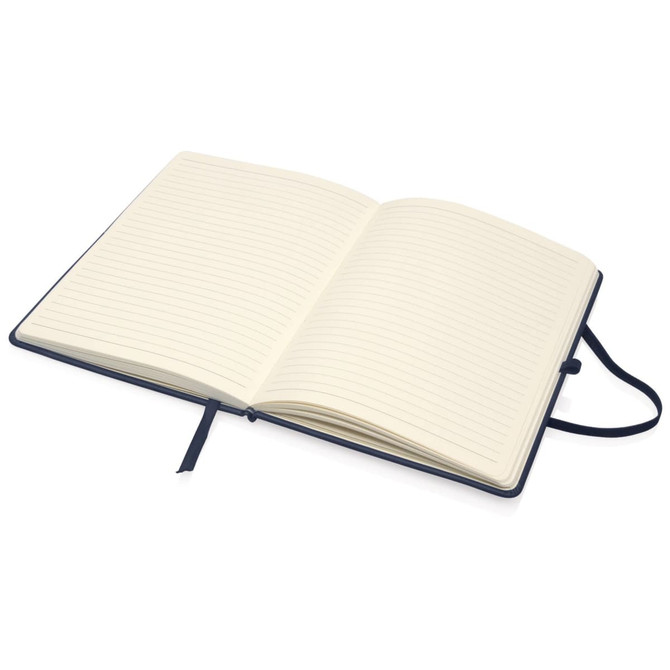 A navy A5 executive notebook journal with lined pages and a ribbon bookmark. It has a logo on the cover.