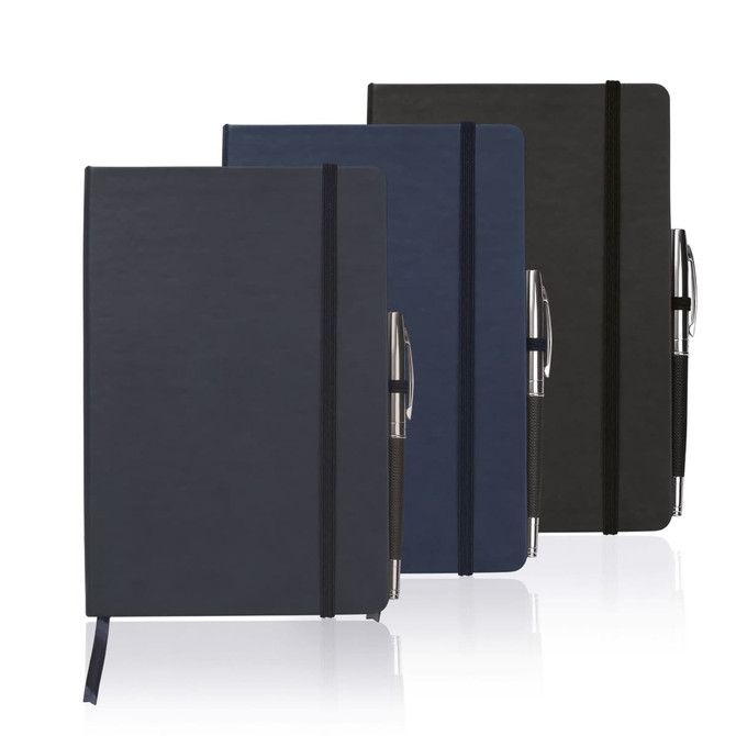 A set of three A5 executive notebooks in navy, dark grey, and black, each with a pen and an elastic band.