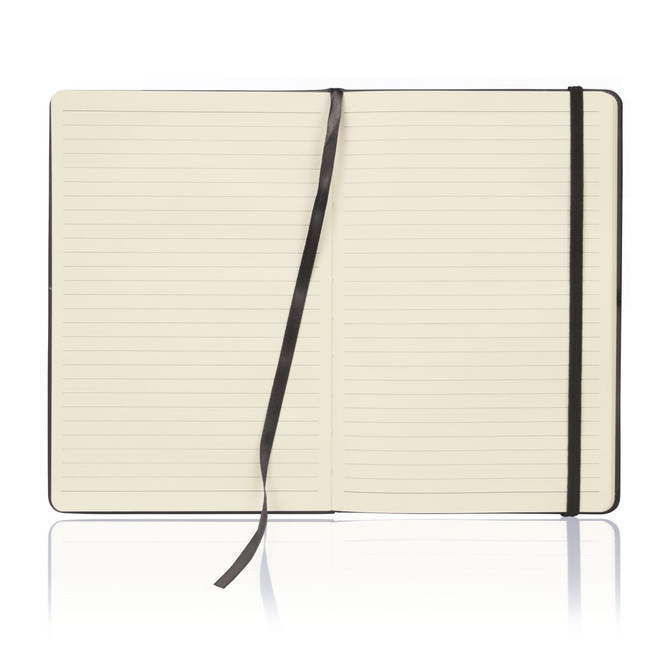 A black A5 notebook journal with lined pages and a ribbon marker, featuring a black elastic closure.