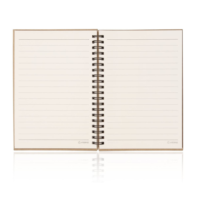 An A5 spiral-bound notebook featuring stone paper, with cream-coloured lined pages and a natural cover.