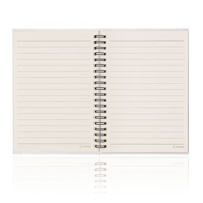 An A5 spiral-bound notebook with stone paper, featuring lined pages and a transparent cover.