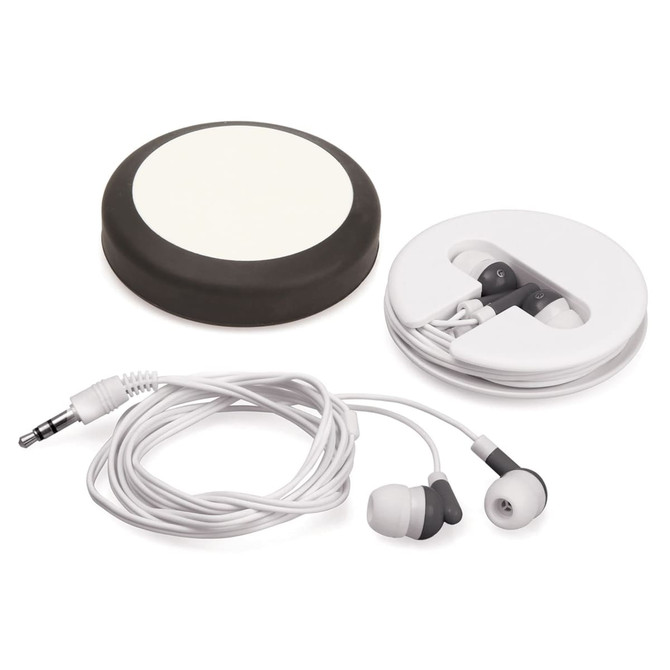 Earphones in white and grey, with a circular black case for storage and a white audio jack cable.