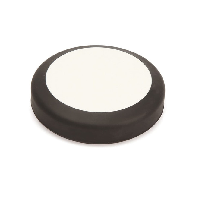 A round black and white product with a smooth surface and a slightly raised edge. It features a logo on the top.