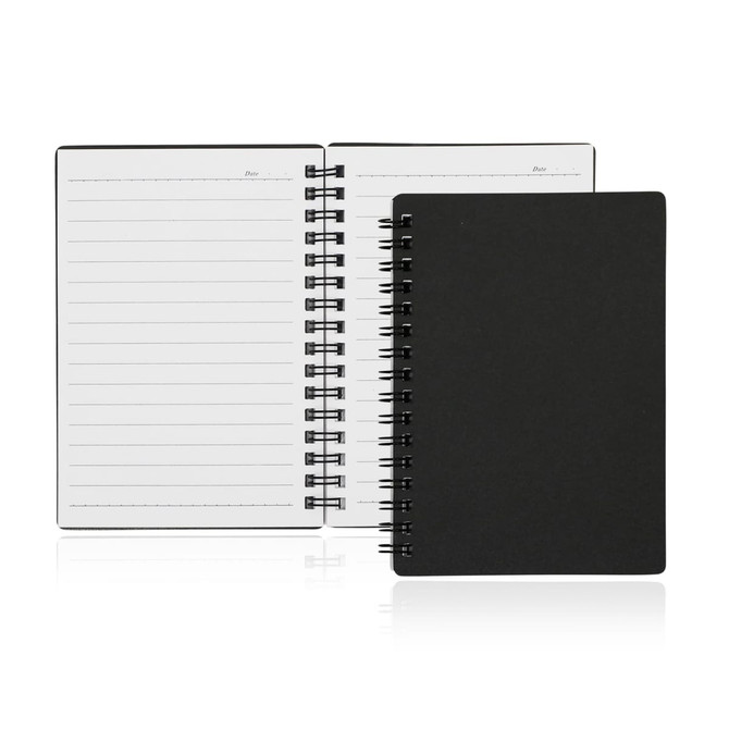A black A6 spiral-bound notebook with lined pages, featuring a simple cover design and visible binding.