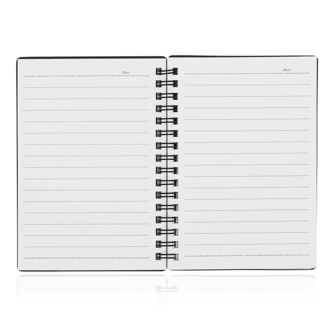 A spiral-bound A6 notebook with blank lined pages and a black cover. It features a central spiral binding.