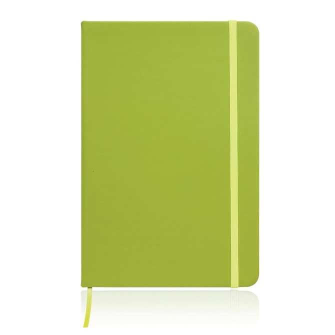 A green A5 leather-look notebook journal with a matching elastic closure and bookmark ribbon.