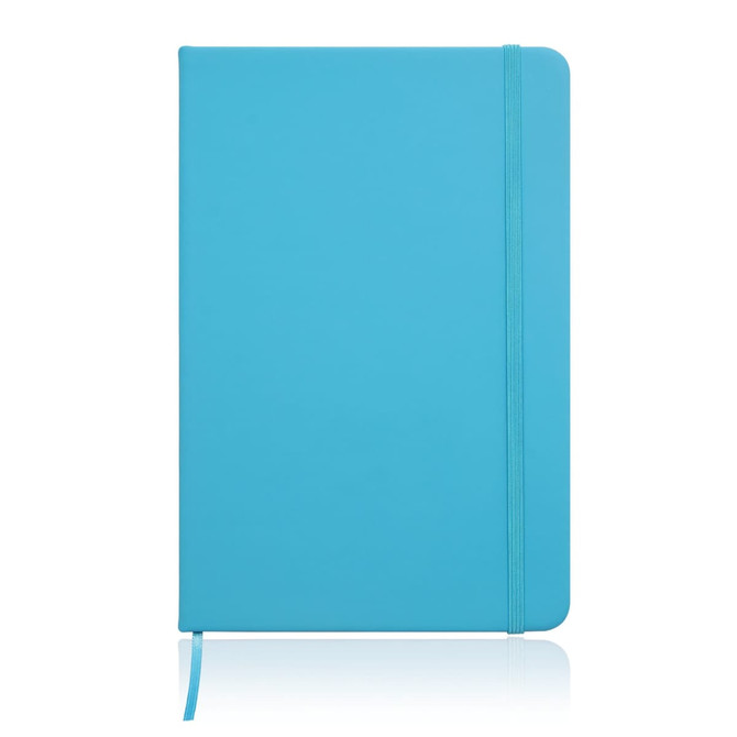 A turquoise A5 notebook journal with a leather look and an elastic closure. Features a logo on the cover.