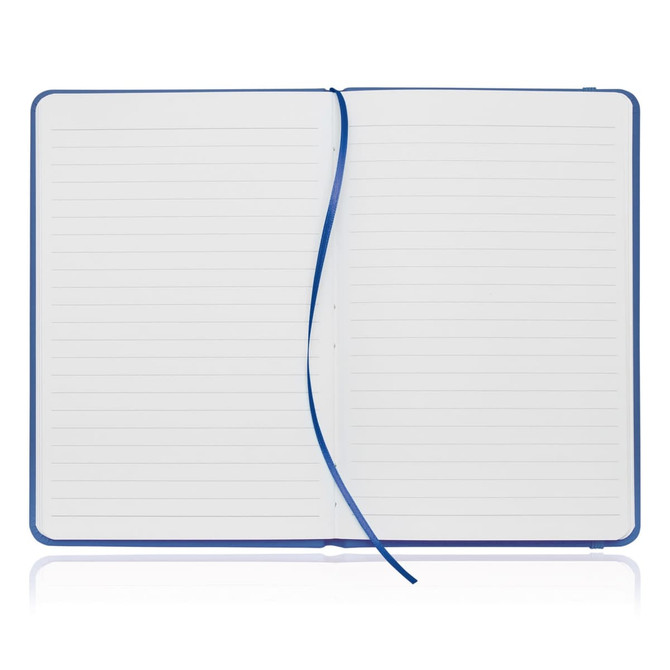 A blue A5 notebook journal with a leather-like cover and lined pages, featuring a ribbon bookmark.