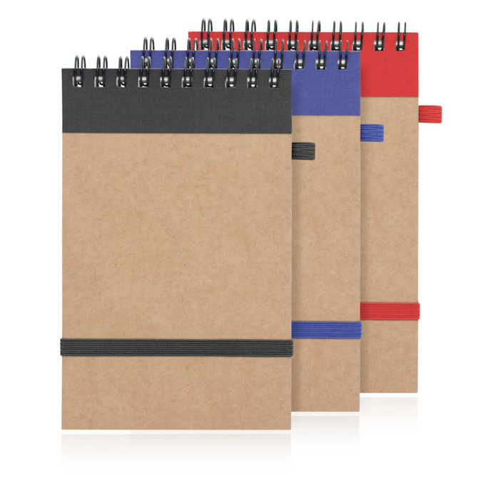 A set of three spiral-bound notepads made from recycled paper, featuring black, blue, and red elastic bands.