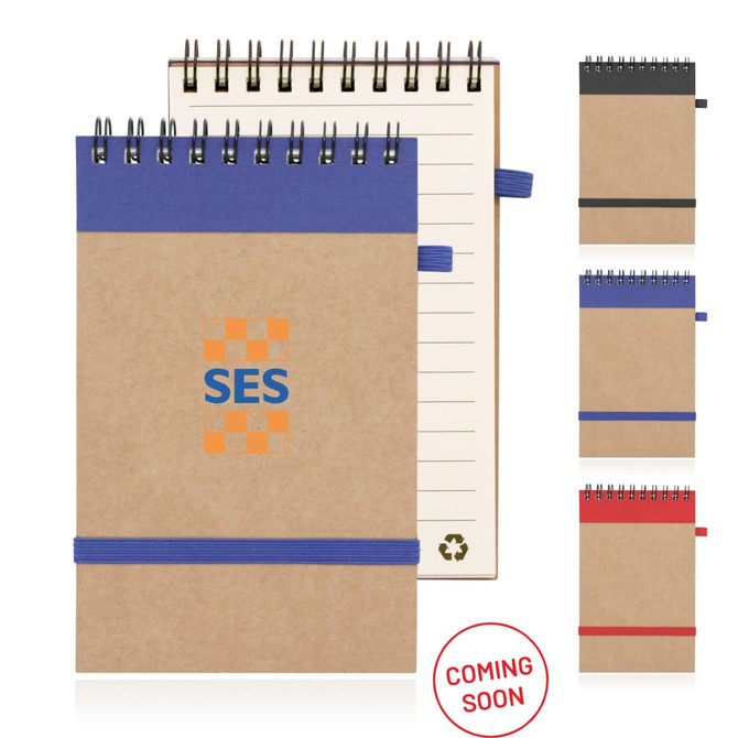 A recycled paper spiral-bound notepad in brown, featuring a coloured band and a logo, available in multiple colours.