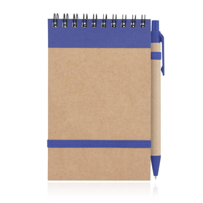A spiral-bound notepad made of recycled paper with a blue cover and an attached blue pen.